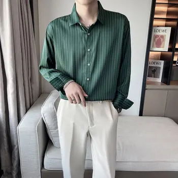 Verde Pinestriped Coreano Moda Mens Camisas Tamanho Grande Elegantes Mens Camisas De Trabalho Elegante E Na Moda Social Vestuário Casual Blusa