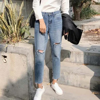 2022 Meninas Buraco Jeans Slim Cintura Alta Jeans Calças Para Mulheres Y2k Rasgado Magro Senhoras De Calças De Retro Mulher De Calças Femininas