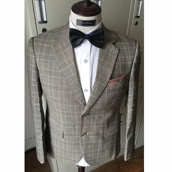 Cinza Clássico Xadrez 100% Lã Ternos para Homens Jaqueta personalizada Noivo padrinho de Casamento de Baile Smoking, Blazer, Calças de 2 peças de Conjunto